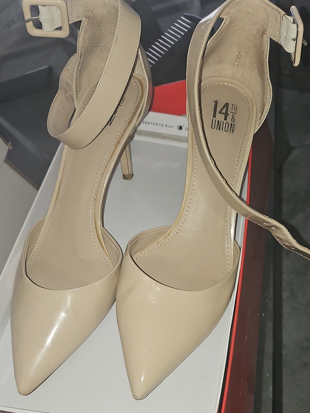 14th & Union Beige Pointed Toe Ankle Strap Heels